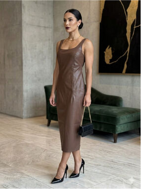 SOFIA JEANS Sofia Vergara Faux Leather Midi Dress Brown Minimalist Glam Large L